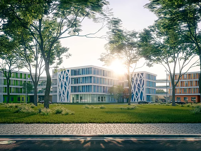 Modern School Campus Buildings With Glass Facades Trees And Green Grass Areas 3d model