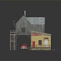 Scenic Old Wooden House Gray Roof Yellow Building Red Sign Red Car Brown Sandy Ground
