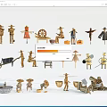 Traditional Agricultural Equipment Handmade Models of Farm Tools with Scarecrows Wheelbarrows and Wooden Buckets