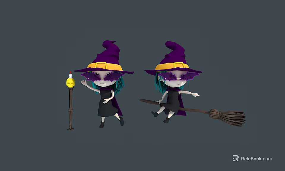 Cute Wizard Characters With Purple Hats Black Dresses Lantern And Broomstick 3d model 