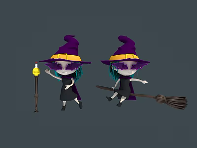 Cute Wizard Characters With Purple Hats Black Dresses Lantern And Broomstick 3d model