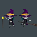 Cute Wizard Characters With Purple Hats Black Dresses Lantern And Broomstick