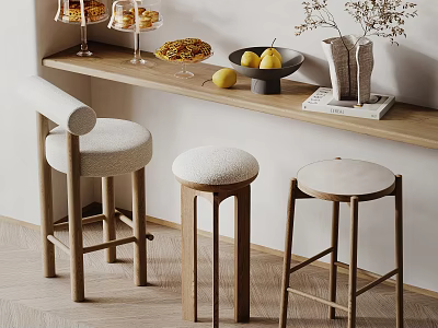 Three Different Modern Wooden Bar Stools With Kitchen Countertop And Decorative Items 3d model