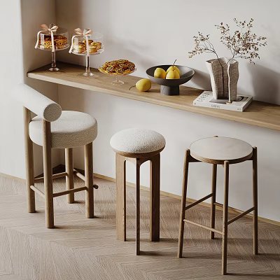 Three Different Modern Wooden Bar Stools With Kitchen Countertop And Decorative Items 3d model