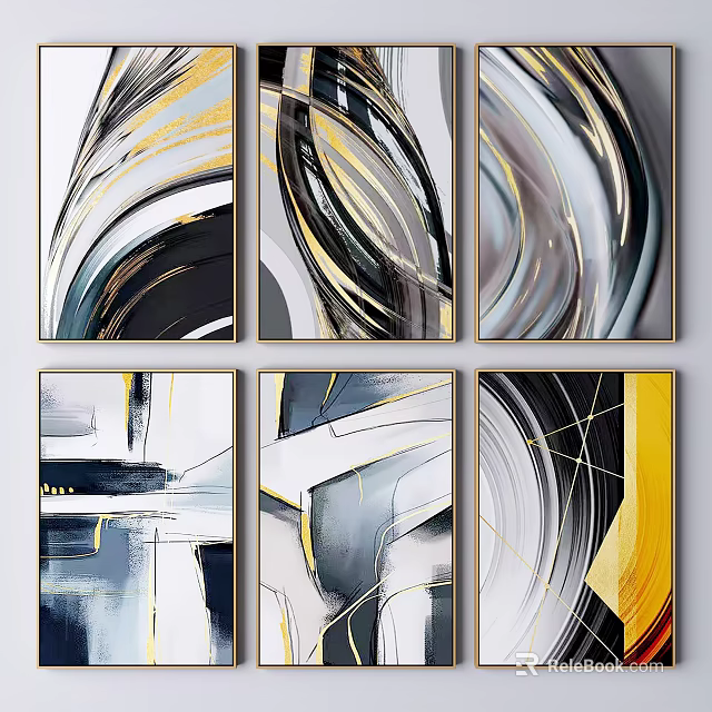 Modern Abstract Paintings With Geometric Lines Yellow Accents Black White Canvas Wall Art 3d model 