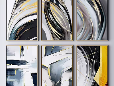 Modern Abstract Paintings With Geometric Lines Yellow Accents Black White Canvas Wall Art 3d model