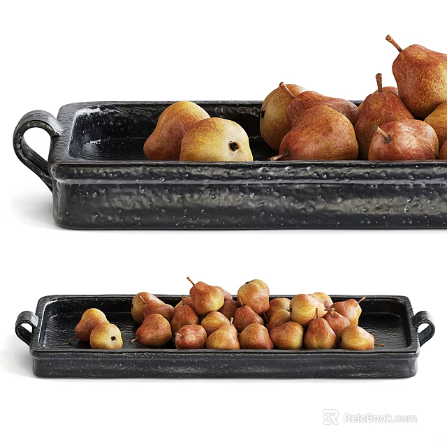 Fresh Ripe Pears Arranged on Two Black Ceramic Trays with Handles 3d model 