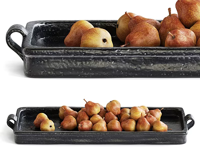 Fresh Ripe Pears Arranged on Two Black Ceramic Trays with Handles 3d model