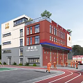 Industrial Factory Building Featuring Multi Storey Structure Red Doors Staircase Roof Logo And Greenery