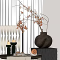 Dark Brown Textured Vase With Dried Branches And Yellow Leaves In Modern Interior Setting
