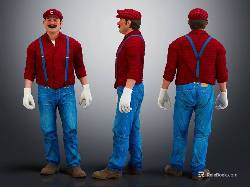 Cartoon Character In Red Shirt Blue Overalls Red Cap And White Gloves From Three Angles 3d model 