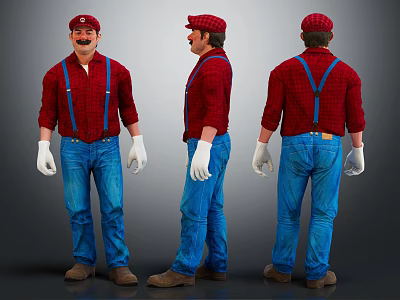 Cartoon Character In Red Shirt Blue Overalls Red Cap And White Gloves From Three Angles 3d model