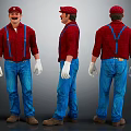 Cartoon Character In Red Shirt Blue Overalls Red Cap And White Gloves From Three Angles