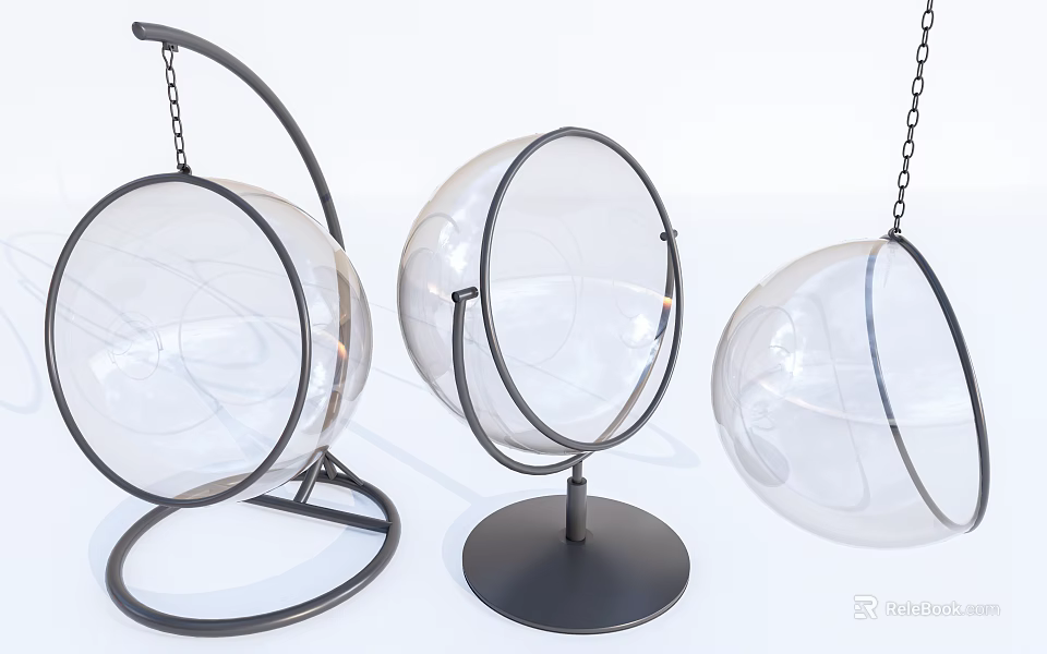 Modern Transparent Spherical Hanging Chair with Black Metal Frame and Chain 3d model 