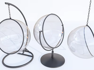 Modern Transparent Spherical Hanging Chair with Black Metal Frame and Chain 3d model