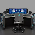 Tech Inspired Office Desk With Hexagonal Design Multiple Monitors And Blue Lights 3d model