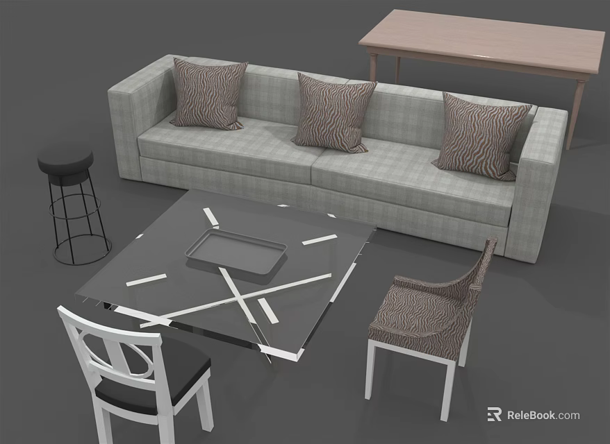 Modern Gray Plaid Sofa With Brown Cushions And Black Glass Coffee Table White Line Design 3d model 