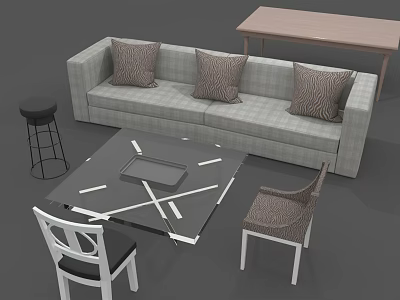 Modern Gray Plaid Sofa With Brown Cushions And Black Glass Coffee Table White Line Design 3d model
