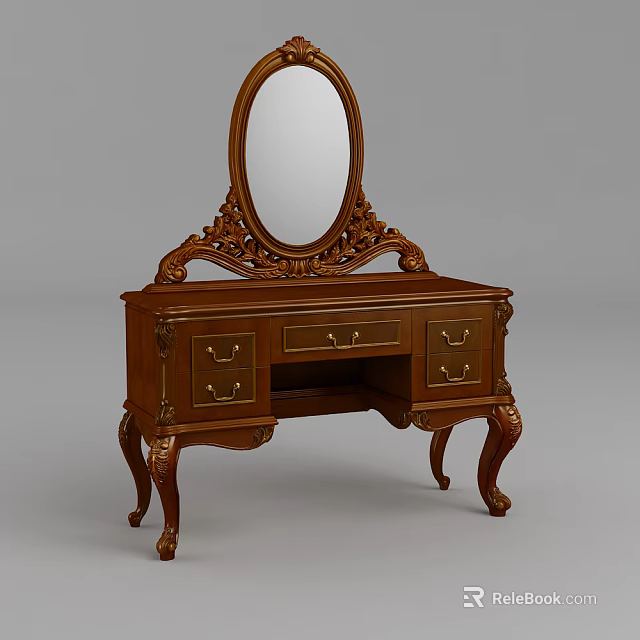 Classic Wooden Dressing Table With Carved Mirror Decorative Drawers And Ornate Legs 3d model 