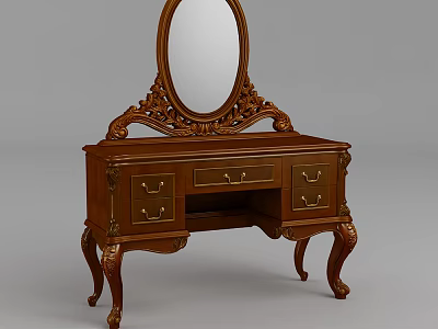 Classic Wooden Dressing Table With Carved Mirror Decorative Drawers And Ornate Legs 3d model