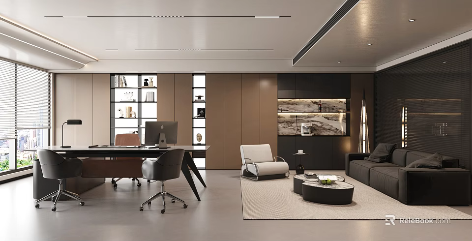 Modern Office Interior With Desk Office Chairs Sofa Bookshelves Rug And Lighting 3d model 
