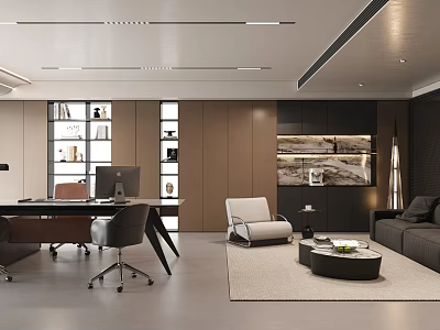 Modern Office Interior With Desk Office Chairs Sofa Bookshelves Rug And Lighting 3d model
