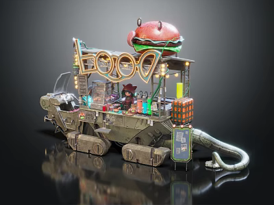 Food Truck Featuring Large Burger Neon Sign Tracked Design And Mobile Drinks 3d model