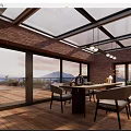 Modern Villa Balcony Featuring Glass Roof Large Windows Wooden Floor Long Table Chairs Mountain View