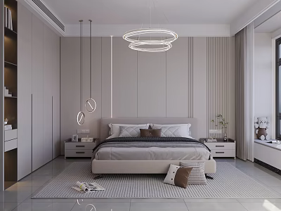 Elegant Modern Bedroom Interior With Bed Round Pendant Lights Nightstands Wardrobe And Carpet 3d model
