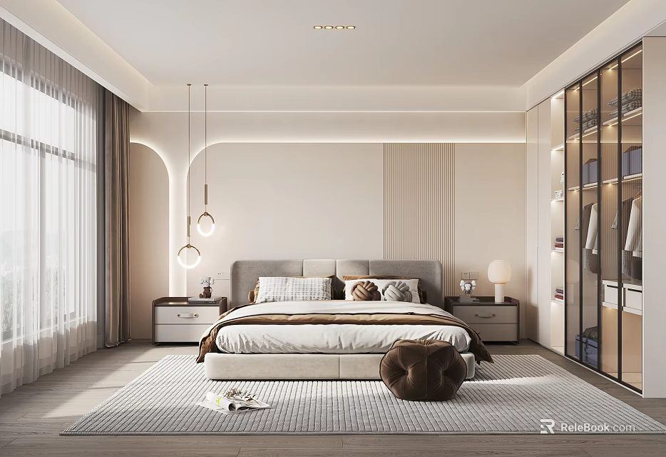 Modern Bedroom Interior Featuring Comfortable Bed Bedside Tables Hanging Lights Soft Rug And Glass Wardrobe 3d model 