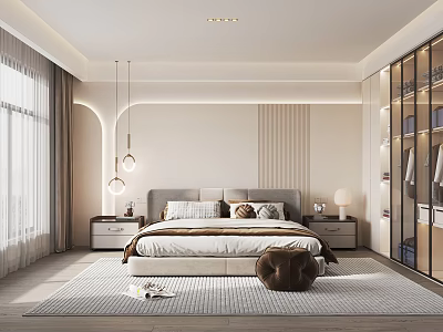 Modern Bedroom Interior Featuring Comfortable Bed Bedside Tables Hanging Lights Soft Rug And Glass Wardrobe 3d model