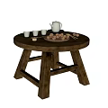 Rustic Round Wooden Coffee Table With Teapot Cups Nuts Chopsticks And Boxes