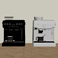 Black And White Coffee Machines On Kitchen Countertop With Coffee Cups And Wooden Floor