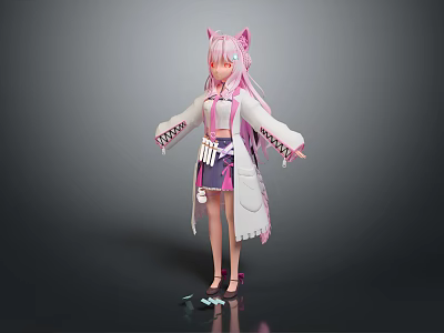 Anime Cat Eared Girl With Pink Long Hair In White Purple Outfit And Cat Features 3d model