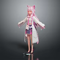 Anime Cat Eared Girl With Pink Long Hair In White Purple Outfit And Cat Features