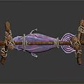 Purple and pink fish hanging on wooden structure made with sticks and ropes