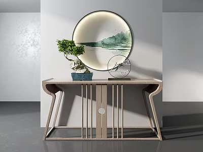 Modern Wooden Console Table With Circular Backlit Mirror Landscape Painting And Green Potted Plant 3d model