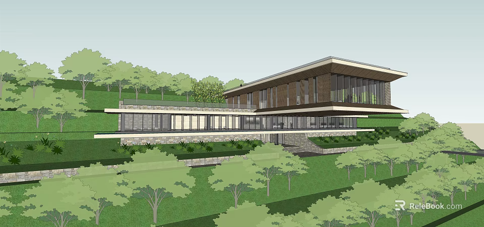 Modern Hillside House With Large Glass Windows And Green Landscape Surroundings 3d model 