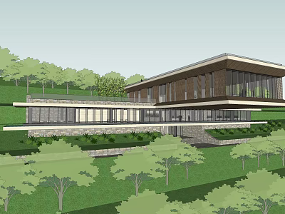 Modern Hillside House With Large Glass Windows And Green Landscape Surroundings 3d model