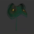 Cartoon Fantasy Scene with Vibrant Green Spiral Structure Feather Like Leaves and Yellow Center