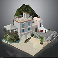 Coastal Cottage With Balcony Arched Entrance Mountain Beach View Plants Boat And Umbrella