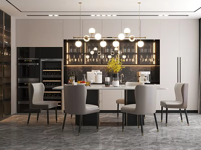 Modern Restaurant Interior With Round Dining Table Gray Chairs And Hanging Pendant Lights 3d model
