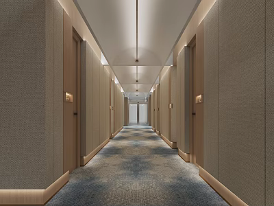 Elegant Modern Hotel Corridor With Soft Lighting Room Doors And Patterned Carpet 3d model