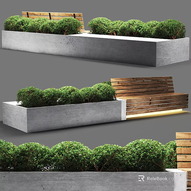 Outdoor Concrete Tree Planter With Green Shrubs And Wooden Bench Design 3d model 