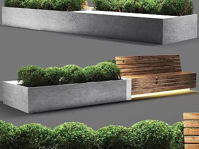 Outdoor Concrete Tree Planter With Green Shrubs And Wooden Bench Design 3d model