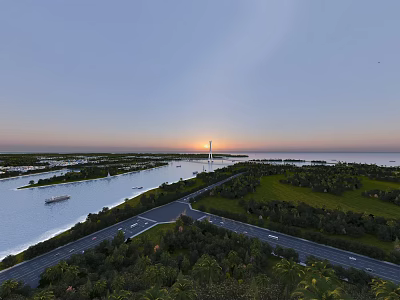 Aerial Landscape with River Roads Green Fields and Sunset Sky 3d model
