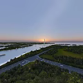 Aerial Landscape with River Roads Green Fields and Sunset Sky