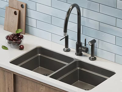 Stainless Steel Double Bowl Kitchen Sink With Black Faucet And Blue Tiled Backsplash 3d model