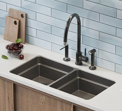 Stainless Steel Double Bowl Kitchen Sink With Black Faucet And Blue Tiled Backsplash 3d model
