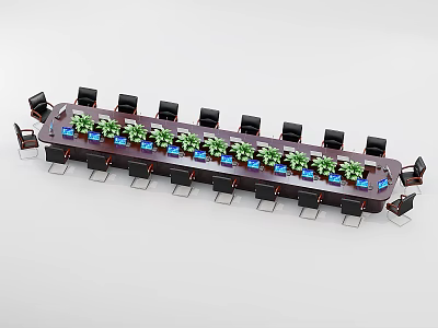 Dark Wooden Long Rectangular Office Conference Desk With Black Chairs Green Plants And Blue Items 3d model